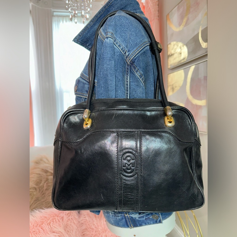 Vintage Marino Orlandi Black Italian Leather Large Bowling Bag Style Satchel